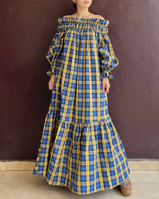 Decollete dress - Blue x Yellow gingham