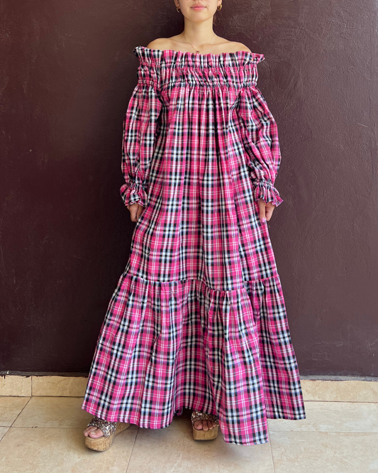 Decollete dress - Pink gingham