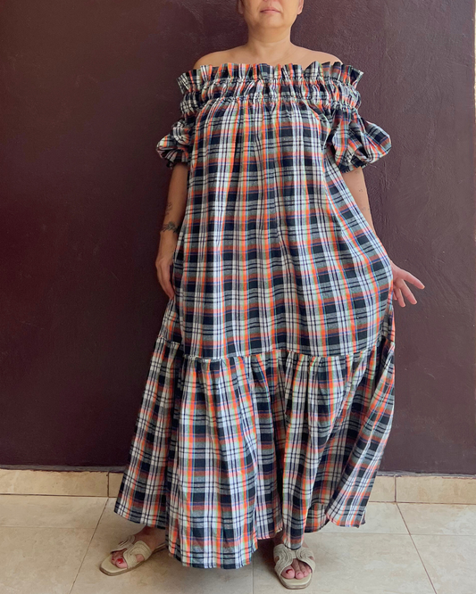 Decollete dress - Orange x White gingham