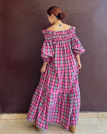 Decollete dress - Pink gingham
