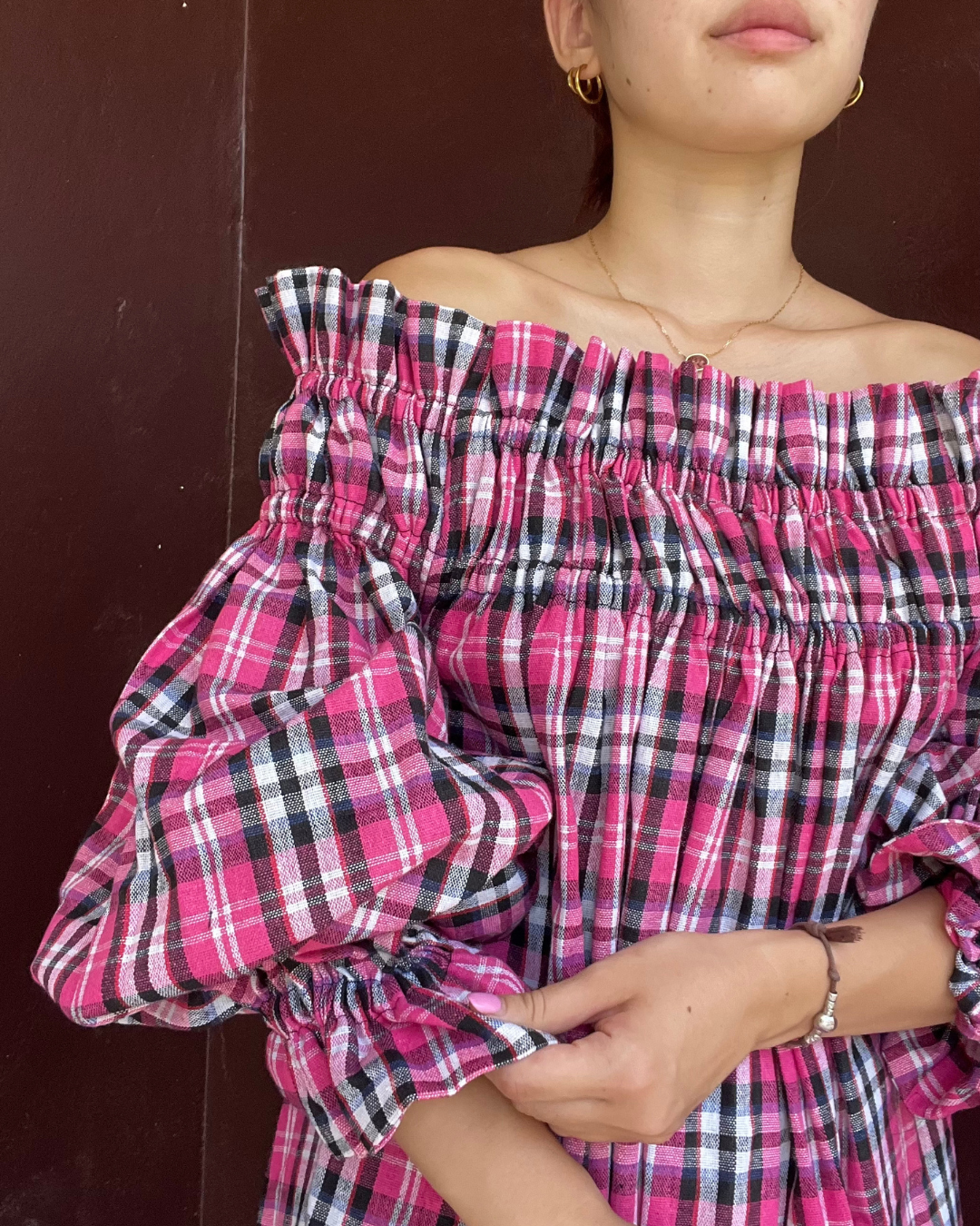 Decollete dress - Pink gingham