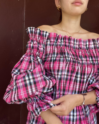 Decollete dress - Pink gingham